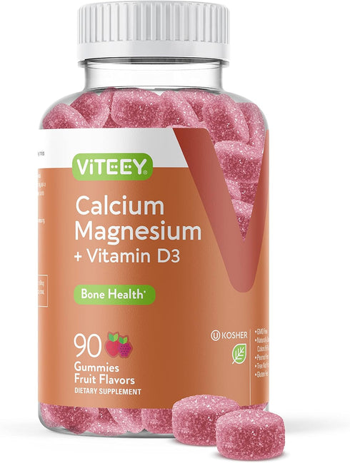 Calcium Gummies with Vitamin D3 & Magnesium - Chewable Fruit Flavored Supplements for Bone Health, 60 Count