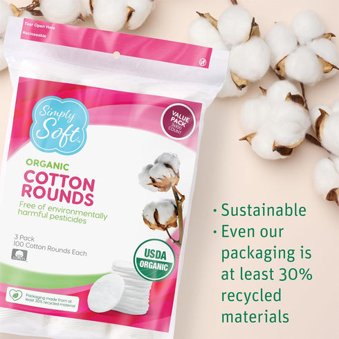 Simply Soft Premium Organic Cotton Rounds, 100 Count (Pack of 3), Hypoallergenic, Lint Free for Beauty and Skin Care