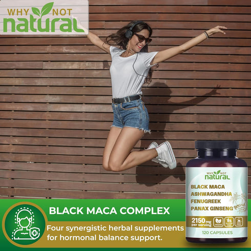 Why Not Natural 4-in-1 Organic Black Maca Root, Ashwagandha, Fenugreek, Panax Ginseng Capsules - 120 Count