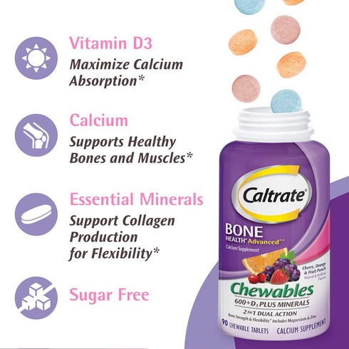 Caltrate Chewables 600 +D3 Plus Minerals, Sugar Free, Cherry, Orange & Fruit Punch, 90 Count