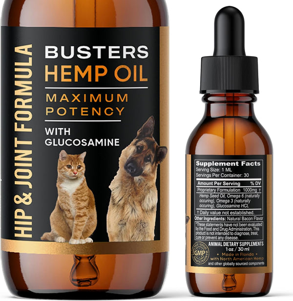 Busters Hip and Joint Hemp Oil Formula with Glucosamine for Pain Relief in Dogs and Pets, Arthritis Support