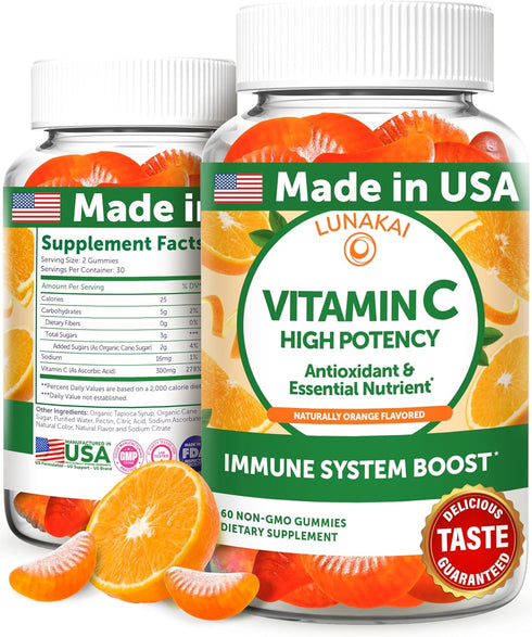 Vitamin C Gummies for Adults and Kids - 300mg Organic, NON-GMO, Vegan Chewable Supplement, 60 Count