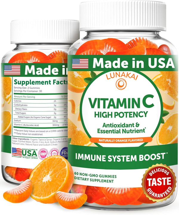 Vitamin C Gummies for Adults and Kids - 300mg Organic, NON-GMO, Vegan Chewable Supplement, 60 Count