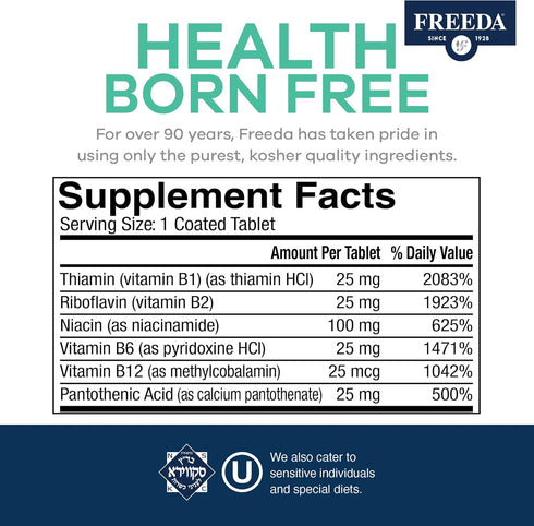 Freeda Super B Complex Vitamin B Supplement - No Folic No PABA, 250 Ct, Kosher for Women & Men