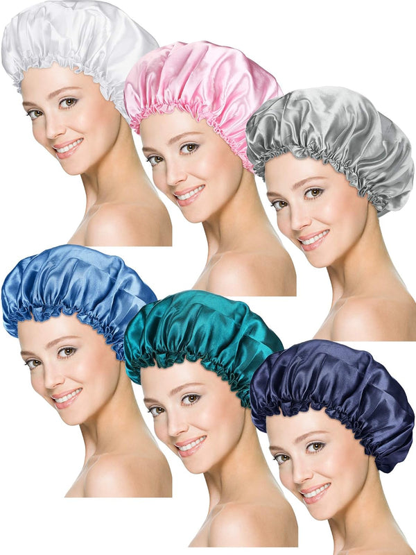 Syhood 6 Pieces Sleep Cap Satin Bonnet, Soft Elastic Night Hair Cover for Women in Navy Blue, Blue, Pink