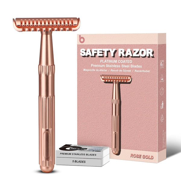 Rose Gold Safety Razor for Women and Men, Single Blade Metal Razors with 10 Double Edge Blades, Open Comb Razor