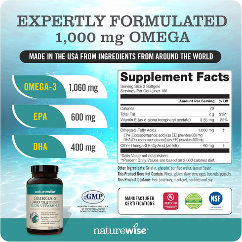 NatureWise Extra-Strength Omega 3 Fish Oil Supplement - 1000mg, 600 EPA & 400 DHA, Vitamin E - 360 Softgels, Lemon