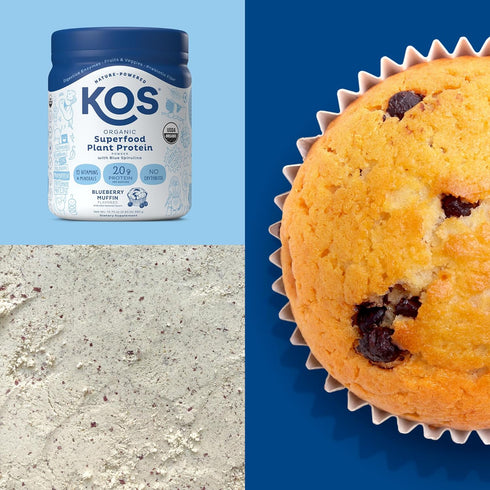 KOS Plant Based Protein Powder - Blueberry Muffin, Organic Pea Protein Superfood, Vegan Meal Replacement, 10 Servings