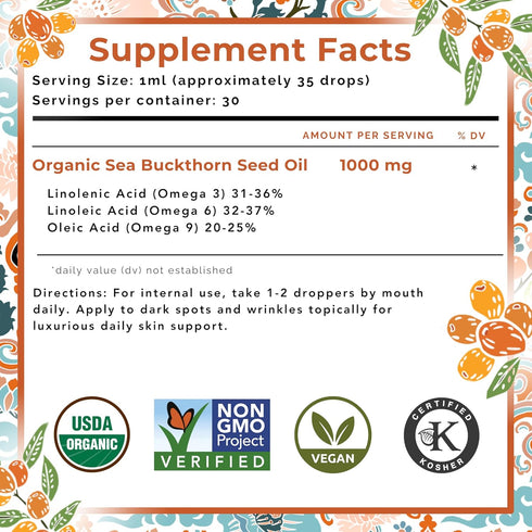 Sea Buckthorn Seed Oil, 100% Certified Organic, 1 FL OZ