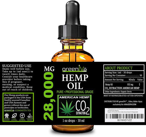 GreenIVe Hemp Drops 28,000mg - Organically Grown Pure Hemp Oil Drops, Vegan Omegas, Natural Potent Results (2 Pack)