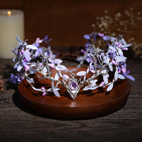MOSTORY Handmade Purple Woodland Fairy Headpiece, Elf Crown with Rhinestone for Cosplay