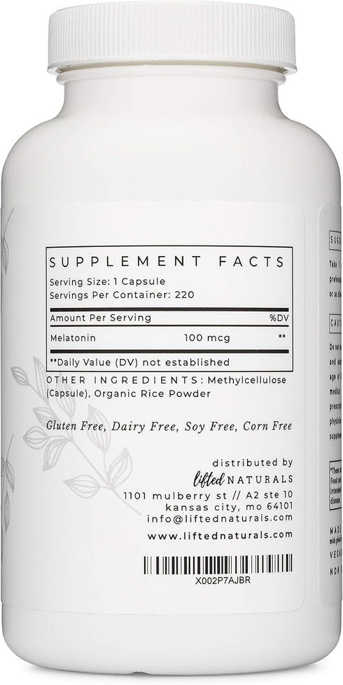Lifted Naturals Micro Melatonin Family Size - 220 Vegetable Capsules, 100 mcg Low Dose Non-GMO Fast Dissolve Sleep Aid
