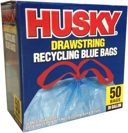 Poly-America Husky HK30DS050BU 30-Gallon Drawstring Recycling Blue Bags, 50 Count