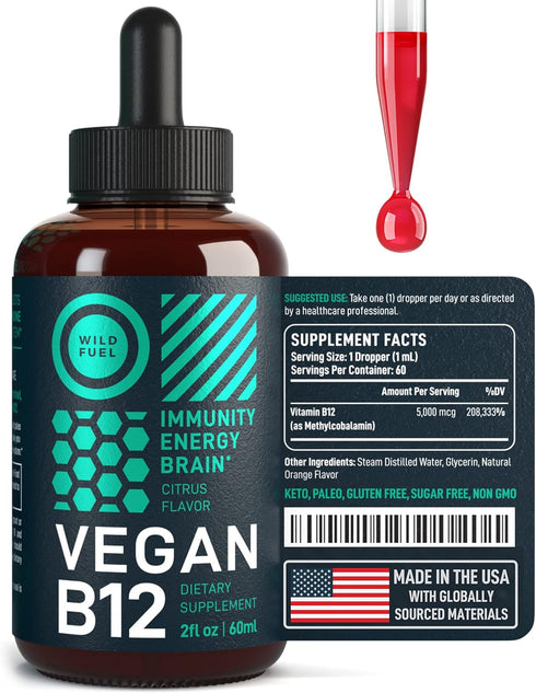 Vegan Vitamin B12 Liquid Drops - Fast-Acting 60 x 5000mcg Methylcobalamin Supplement - Energy, Memory, Mood Support -