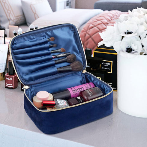KOPY Velvet Makeup Bag for Women, Large Classy Makeup Organizer, Portable Travel Toiletry Bag with Handle (Navy)