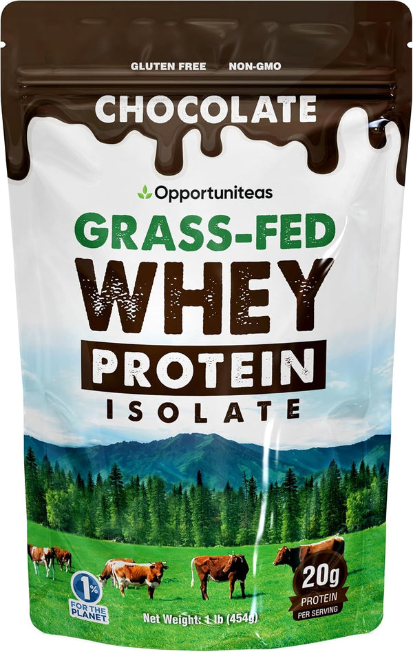 Opportuniteas Grass Fed Chocolate Whey Protein Isolate Powder - 20g Protein - 1lb, Non-GMO, Hormone-Free