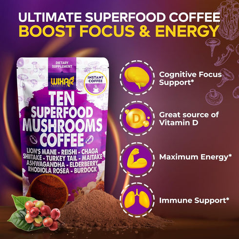 WIXAR Superfood Mushroom Coffee - Instant Coffee Powder with Ten Superfood Extracts, 5oz Mushroom Supplement