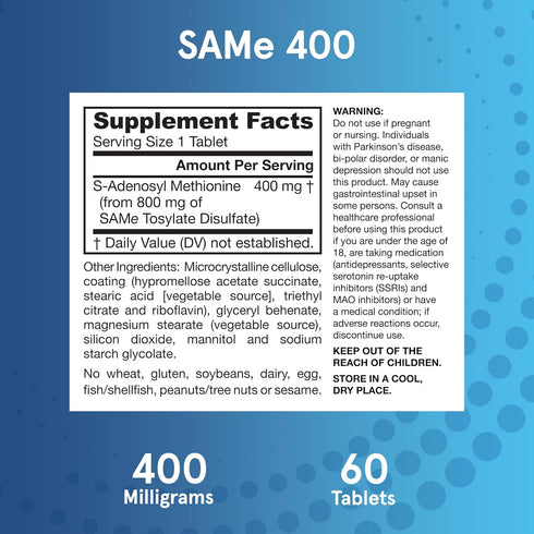 Jarrow Formulas SAMe 400 mg, Supports Joint Health, Liver Function, Brain Metabolism, 60 Tablets