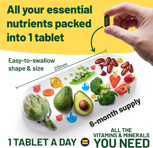 Vegan Vitality Multivitamins & Minerals for Women and Men, 180 Vegan Tablets with High Strength B12, D3 & K2