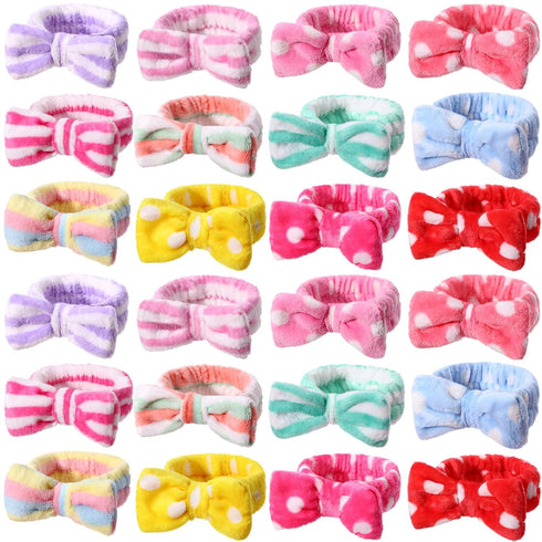 WILLBOND 24 Pack Spa Headband Bow Hair Band - Adjustable Facial Makeup Headband for Women, Soft Flannel Towel Wraps