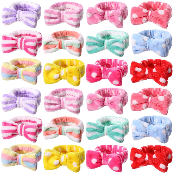 WILLBOND 24 Pack Spa Headband Bow Hair Band - Adjustable Facial Makeup Headband for Women, Soft Flannel Towel Wraps