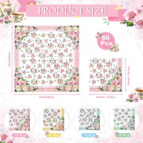 SUMMORO 180 9 OZ Set Pcs Floral Paper Tea Cups and Plates Disposable Paper TeaCups and Saucers with Tea Party Napkins