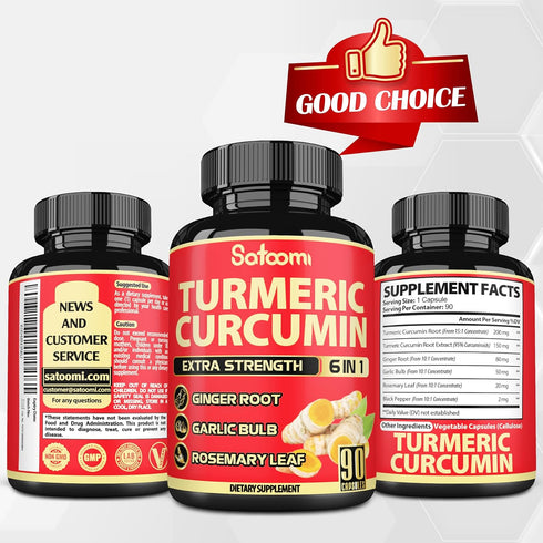 6in1 Turmeric Curcumin Supplement, 3 Month Supply with 95% Curcuminoids, Ginger Root, Garlic Bulb, Rosemary & Black