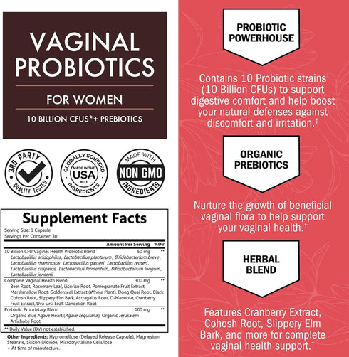 16in1 Vaginal Probiotics - 30 Capsules for Women, 10 Powerful Strains + Organic Prebiotics for Vaginal Health Support