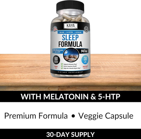 Kaya Naturals Sleep Support Formula with Melatonin - 60 Capsules - Aid Support Vitamin Supplement for Sleep, Stress,