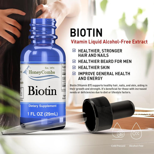 HoneyCombs Vitamin B7 (Biotin) Drops, Liquid Supplement for Hair, Skin & Nails, 1 Fl Oz