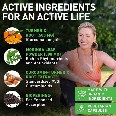 Turmeric Moringa Organic Turmeric Curcumin and Moringa Powder, 120 Veggie Capsules