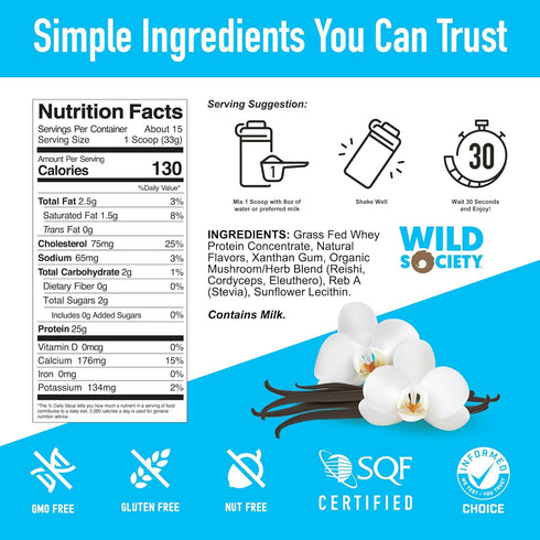 WILD SOCIETY Premium 100% Grass Fed Whey Protein Powder, Vanilla Bean, 25g Protein, 17.5 oz
