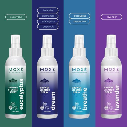 Pack, 100% 4 Pack (8oz) MOXE Aromatherapy Shower Mist Variety Eucalyptus, Lavender, Breathe and Dream, Spa Steam Spray