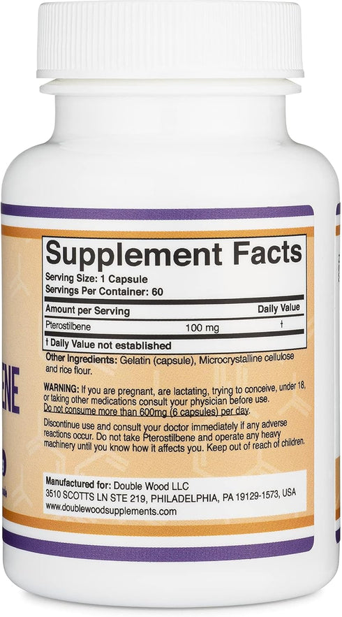 Pterostilbene Supplement 100mg Capsules, 60 Capsules, Superior to Resveratrol, Antioxidant for Longevity Support