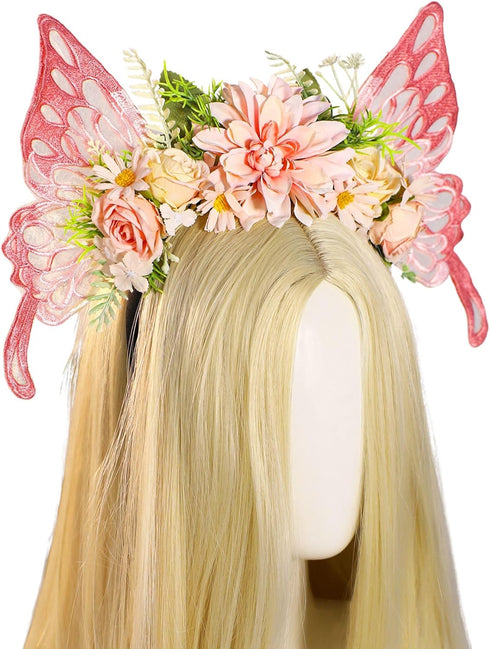 MOSTORY Flower Crown with Butterfly Fairy Wings Headband, Elf Woodland Hairband for Renaissance Cosplay Halloween