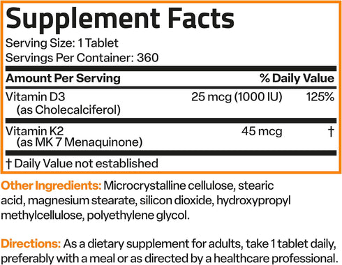 K2 (MK7) D3 45mcg K2 1000 D3 2 1 360 Bronson Vitamin with Lower Dose Vitamin & IU Vitamin Easy to Swallow Daily