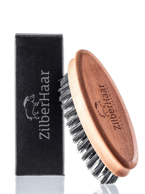 ZilberHaar Pocket Mustache and Beard Brush, Soft Boar Bristles, Pearwood, Made in Germany