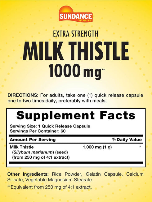 Milk Thistle 1000mg | 60 Quick Release Capsules | Traditional Herbal Supplement | Non-GMO and Gluten Free Formula | by Sundance