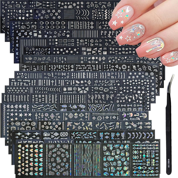 90 Sheets Silver Nail Art Stickers, Holographic Laser 3D Self Adhesive Designs for Nail Decoration with Tweezer