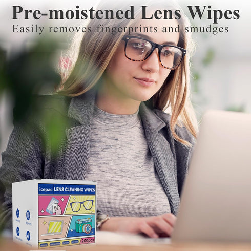 icepac (white-200) Glasses Wipes Lens Cleaner- -Moistened Individual Wrapped Eye Glasses Cleaning Wipes | Glasses