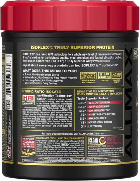 ALLMAX ISOFLEX Whey Protein Isolate, Vanilla - 1 lb - 27 Grams of Protein Per Scoop - Zero Fat & Sugar - 99% Lactose Free - Gluten Free & Soy Free - Approx. 15 Servings