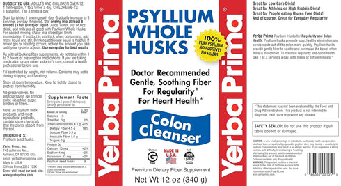 Yerba Prima Psyllium Husk, 12 Ounce - Whole Husk Fiber Supplement, Vegan, Gluten Free