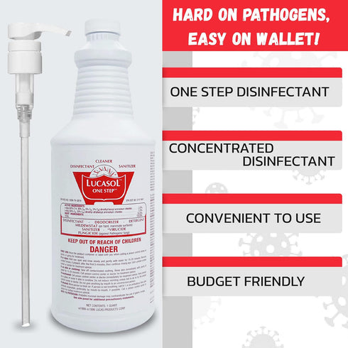 Lucasol One Step Disinfectant, 1 Quart (32 Ounce) All Purpose Cleaner Spray & Dispenser Pump Combo for Hospitals,