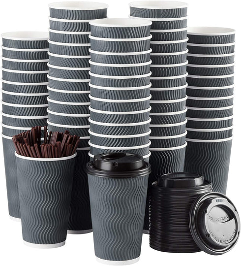 SPRINGPACK Disposable Coffee Cups with Lids and Straws - 16 oz (90 Set)