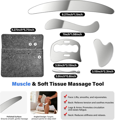 VDTEB (Grey-5pcs) Stainless Steel Muscle Scraper Gua Sha Kit and Derma Edge Scraping Tools for Physical Therapy, Deep