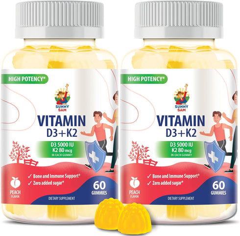 Vitamin D3 K2 Gummies 5000 IU - Immune & Bone Support, Sugar-Free, Vegan, Gluten-Free Gummies for Adults