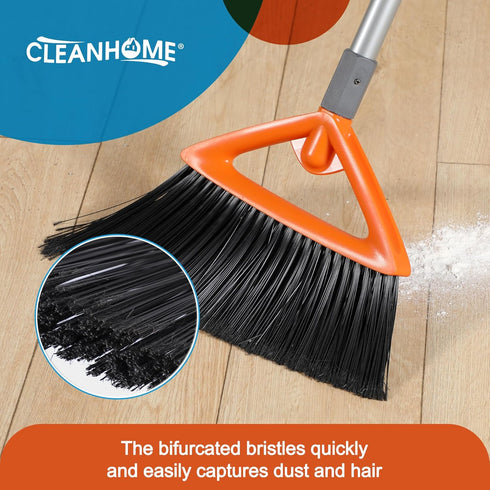 Commercial Broom and Dustpan Set with Long Handle, Heavy Duty Outdoor Broom for Courtyards, Garden, Grey