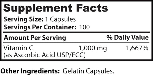 Dr Clark Vitamin C Supplement 1000mg - 100 Gelatin Capsules, Gluten Free, Immunity Support, Antioxidant