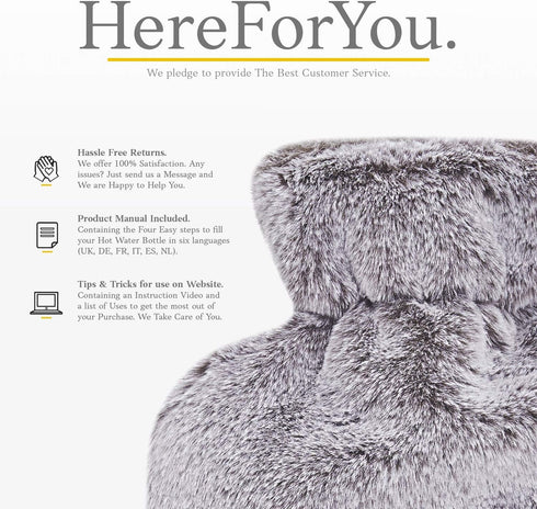 Hot Water Bottle with Soft Cover, 1.8L Large, Classic Hot Water Bag for Pain Relief, Light Grey