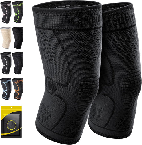 CAMBIVO Knee Compression Sleeve 2 Pack for Men and Women, Large Black Knee Support for Running, Gym, Sports, Hiking